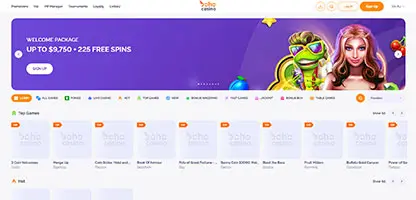 Boho Casino online casino - Official logo, game selection screenshots, welcome bonus promotions and user interface preview