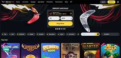 Boomerang Casino - Official casino logo, game screenshots and promotional materials featuring welcome bonuses and game selection