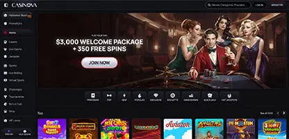 Casinova Casino online casino - Official logo, game selection screenshots, welcome bonus promotions and user interface preview