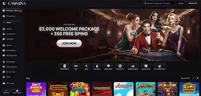 Casinova Casino - Official casino logo, game screenshots and promotional materials featuring welcome bonuses and game selection