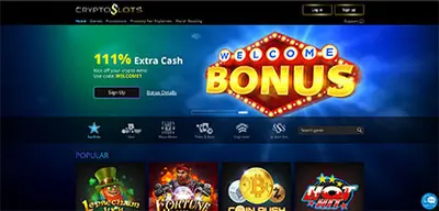 CryptoSlots Casino - Official casino logo, game screenshots and promotional materials featuring welcome bonuses and game selection