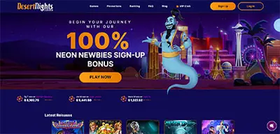 Desert Nights Casino - Official casino logo, game screenshots and promotional materials featuring welcome bonuses and game selection