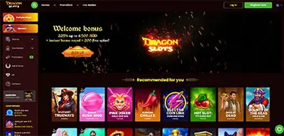 DragonSlots Casino - Official casino logo, game screenshots and promotional materials featuring welcome bonuses and game selection