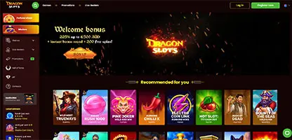 DragonSlots Casino online casino - Official logo, game selection screenshots, welcome bonus promotions and user interface preview