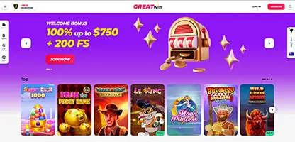 GreatWin Casino online casino - Official logo, game selection screenshots, welcome bonus promotions and user interface preview