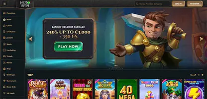 HeroSpin Casino online casino - Official logo, game selection screenshots, welcome bonus promotions and user interface preview
