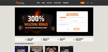 Ignition Casino online casino - Official logo, game selection screenshots, welcome bonus promotions and user interface preview