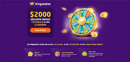 Kingmaker Casino online casino - Official logo, game selection screenshots, welcome bonus promotions and user interface preview