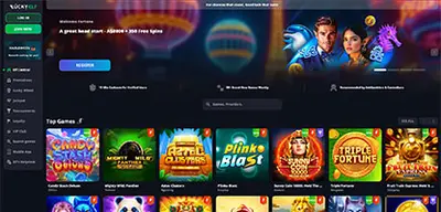 Lucky Elf Casino - Official casino logo, game screenshots and promotional materials featuring welcome bonuses and game selection