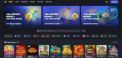 mBit Casino online casino - Official logo, game selection screenshots, welcome bonus promotions and user interface preview