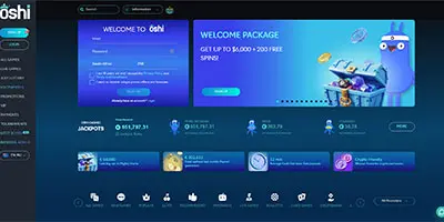 Oshi Casino - Official casino logo, game screenshots and promotional materials featuring welcome bonuses and game selection