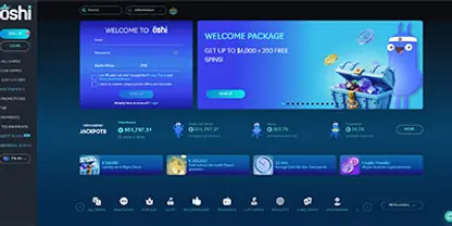 Oshi Casino online casino - Official logo, game selection screenshots, welcome bonus promotions and user interface preview