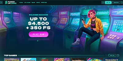 PowerUp Casino - Official casino logo, game screenshots and promotional materials featuring welcome bonuses and game selection