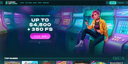 PowerUp Casino online casino - Official logo, game selection screenshots, welcome bonus promotions and user interface preview