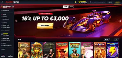 Quickwin Casino - Official casino logo, game screenshots and promotional materials featuring welcome bonuses and game selection