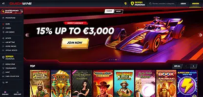 Quickwin Casino online casino - Official logo, game selection screenshots, welcome bonus promotions and user interface preview