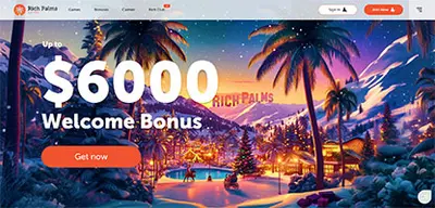 Rich Palms Casino - Official casino logo, game screenshots and promotional materials featuring welcome bonuses and game selection