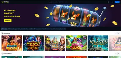 Ripper Casino online casino - Official logo, game selection screenshots, welcome bonus promotions and user interface preview