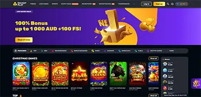 RocketPlay Casino online casino - Official logo, game selection screenshots, welcome bonus promotions and user interface preview