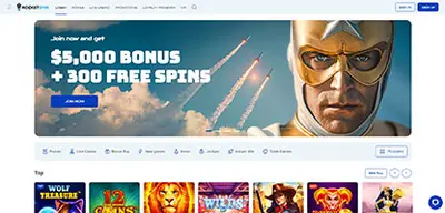 RocketSpin Casino - Official casino logo, game screenshots and promotional materials featuring welcome bonuses and game selection