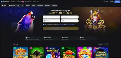 Skycrown Casino - Official casino logo, game screenshots and promotional materials featuring welcome bonuses and game selection