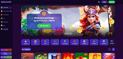 Spinando Casino - Official casino logo, game screenshots and promotional materials featuring welcome bonuses and game selection