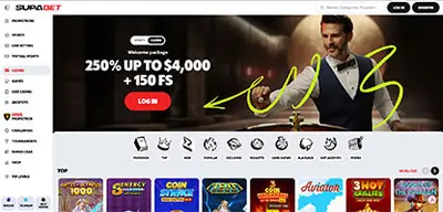 Supabet Casino - Official casino logo, game screenshots and promotional materials featuring welcome bonuses and game selection