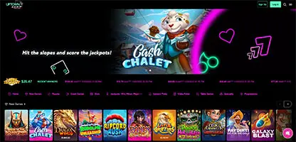 Uptown Aces Casino online casino - Official logo, game selection screenshots, welcome bonus promotions and user interface preview