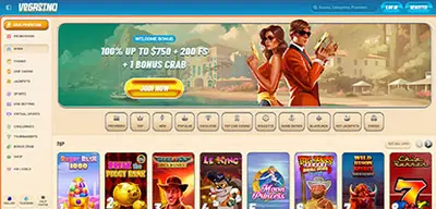 Vegasino Casino - Official casino logo, game screenshots and promotional materials featuring welcome bonuses and game selection
