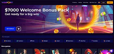 Winport Casino - Official casino logo, game screenshots and promotional materials featuring welcome bonuses and game selection