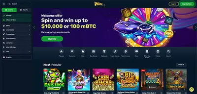 Winz Casino - Official casino logo, game screenshots and promotional materials featuring welcome bonuses and game selection