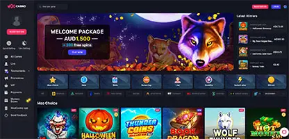 Woo Casino online casino - Official logo, game selection screenshots, welcome bonus promotions and user interface preview