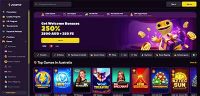 Zoome Casino - Official casino logo, game screenshots and promotional materials featuring welcome bonuses and game selection